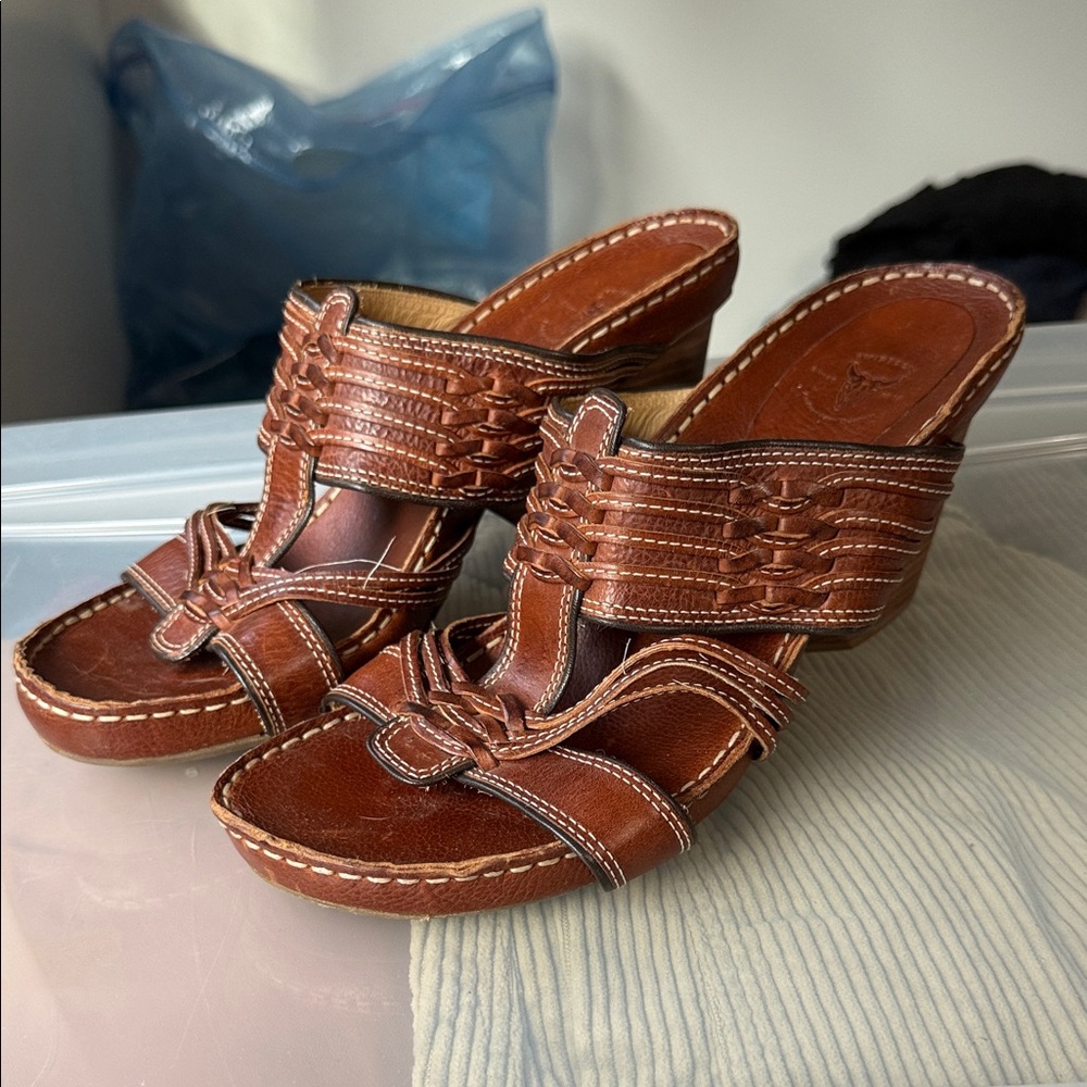Frye Brown Leather Woven Wedges 10